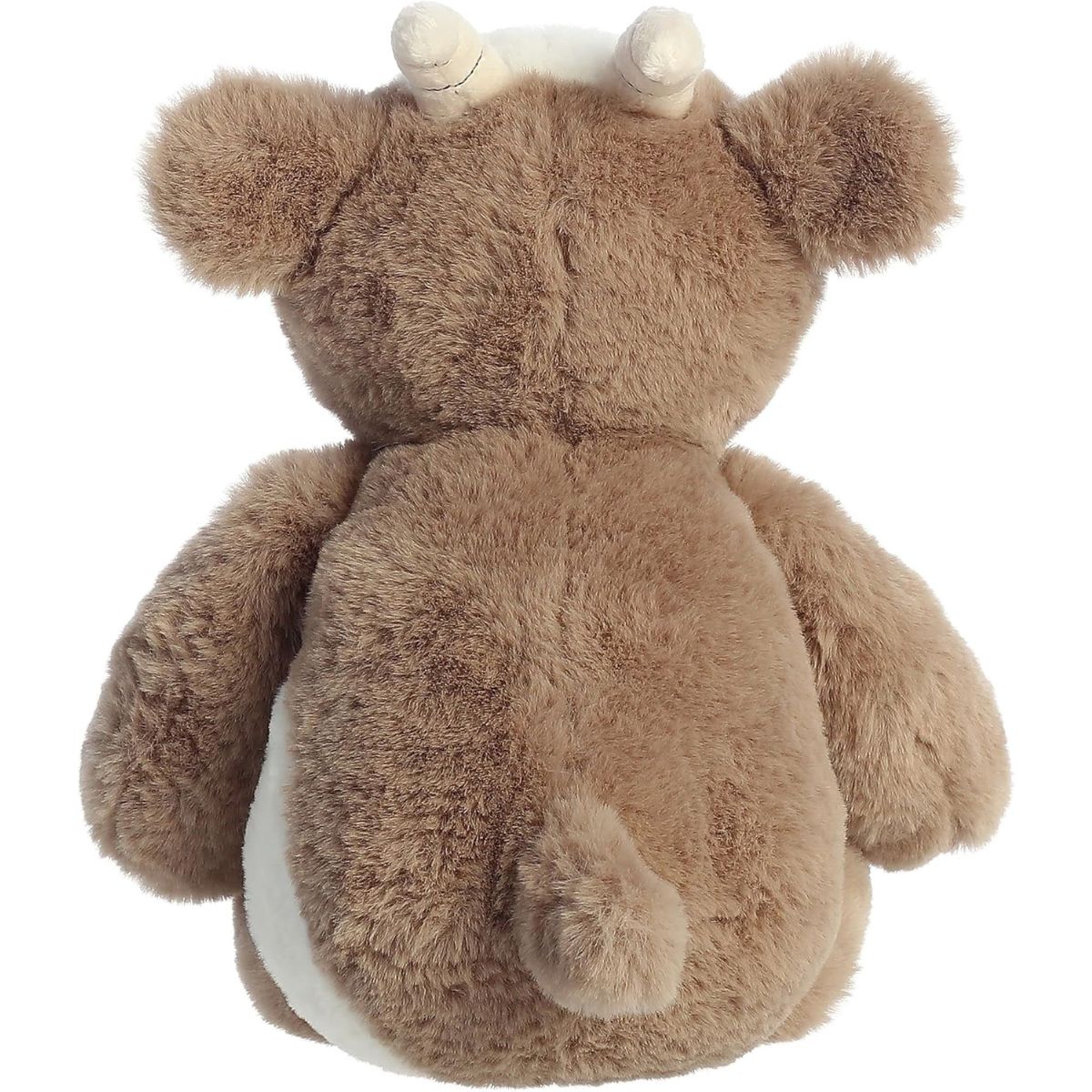 Rear view of the goat plush highlighting its soft brown back and small tail.