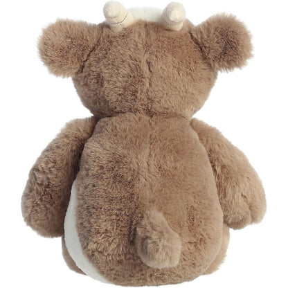 Rear view of the goat plush highlighting its soft brown back and small tail.