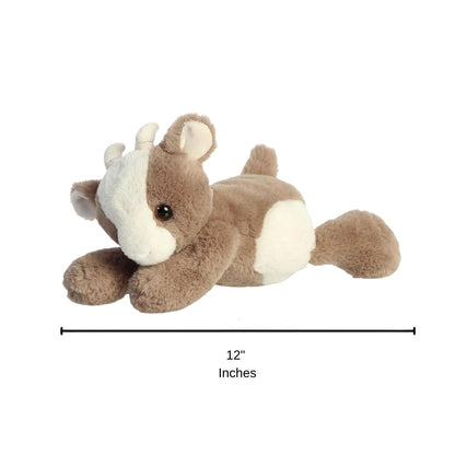 Side view of the Aurora Flopsie goat plush resting on its belly with a dimension line indicating its 12-inch length.