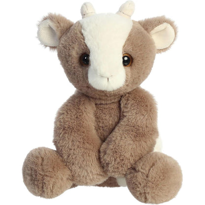 Straight-on front view of the Aurora Flopsie Gemini Goat 12-inch plush sitting upright, featuring mocha-brown fur and a white face blaze.