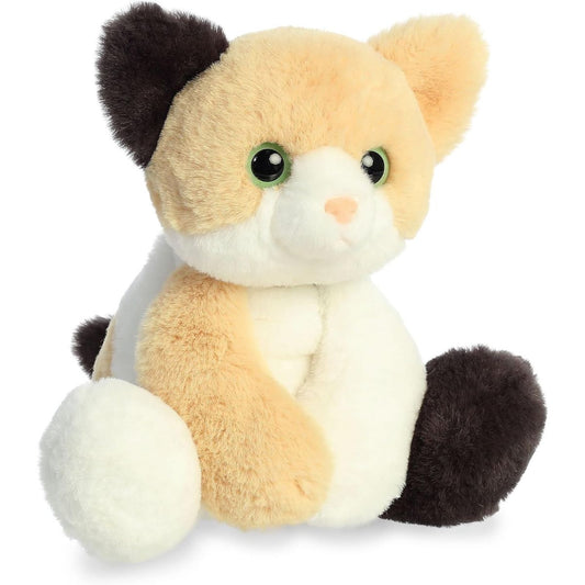 Angled front view of the soft Callie Cat plush resting in a relaxed sitting pose.