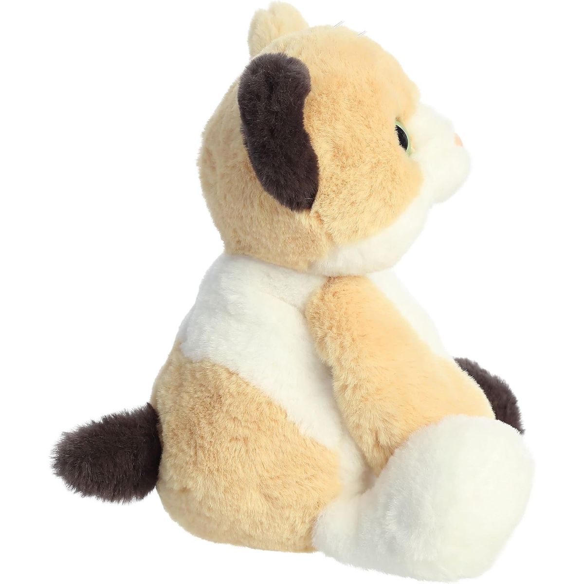 Side profile view of the cuddly calico cat stuffed animal showing her orange and white patches.