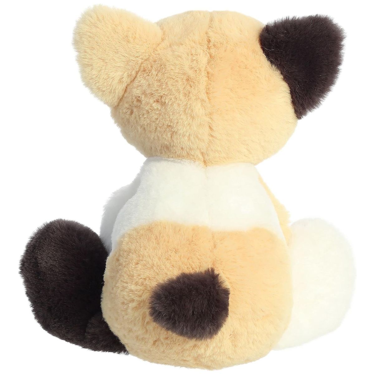 Direct back view of the cat plush highlighting its small dark brown tail and calico pattern.