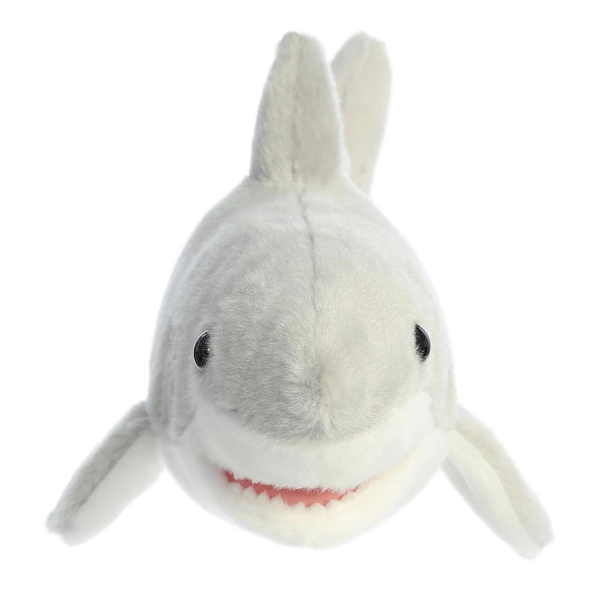 Straight front view of the shark stuffed animal highlighting its dark eyes, outstretched pectoral fins, and open mouth with soft white teeth.