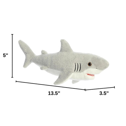 Angled side profile of the Aurora Flopsie shark plush with dimension lines indicating its total length.