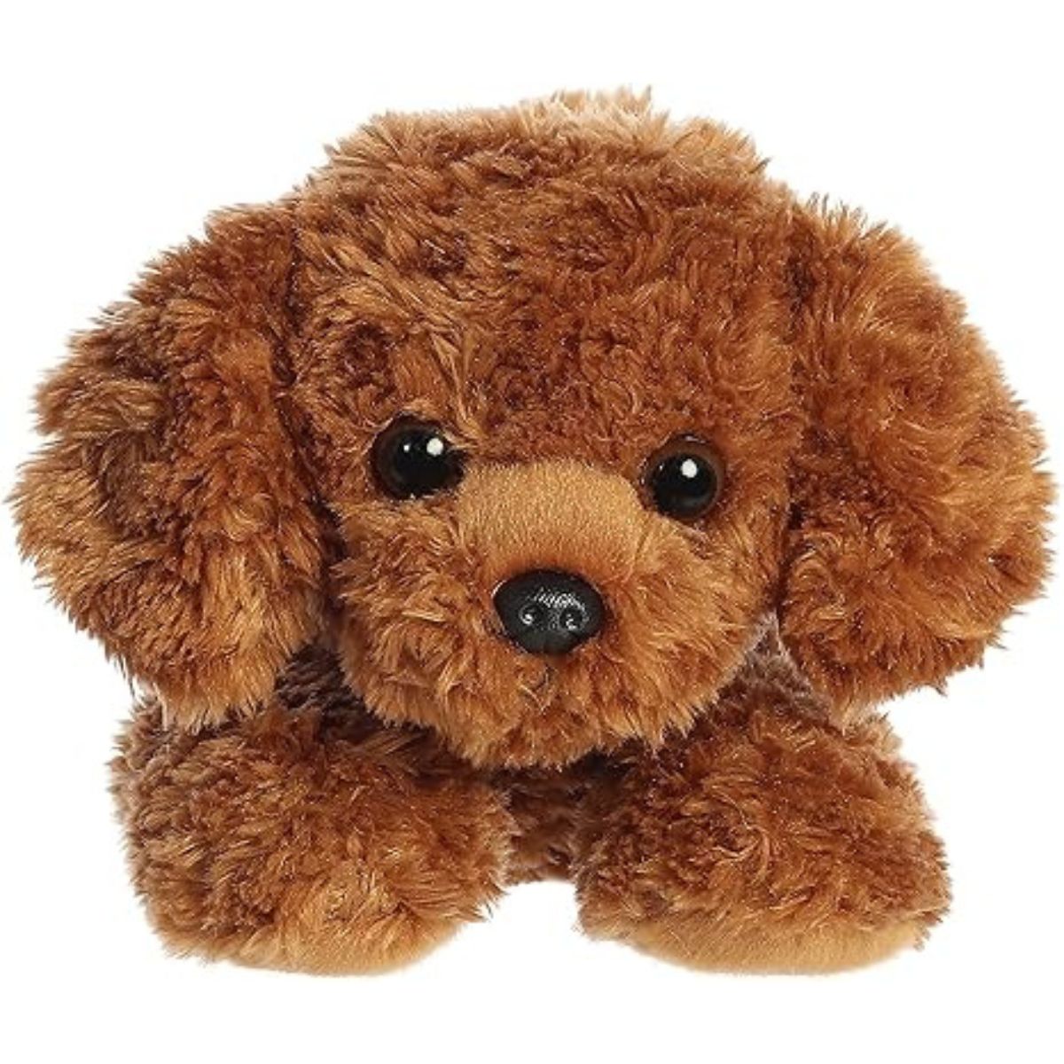 Direct front view of the soft golden-brown plush dog lying down, highlighting its curly fur, floppy ears, and dark nose.