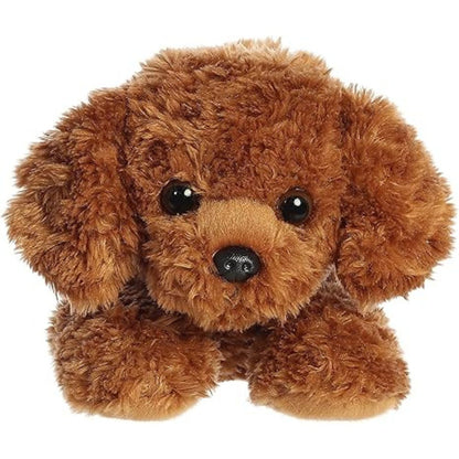 Direct front view of the soft golden-brown plush dog lying down, highlighting its curly fur, floppy ears, and dark nose.
