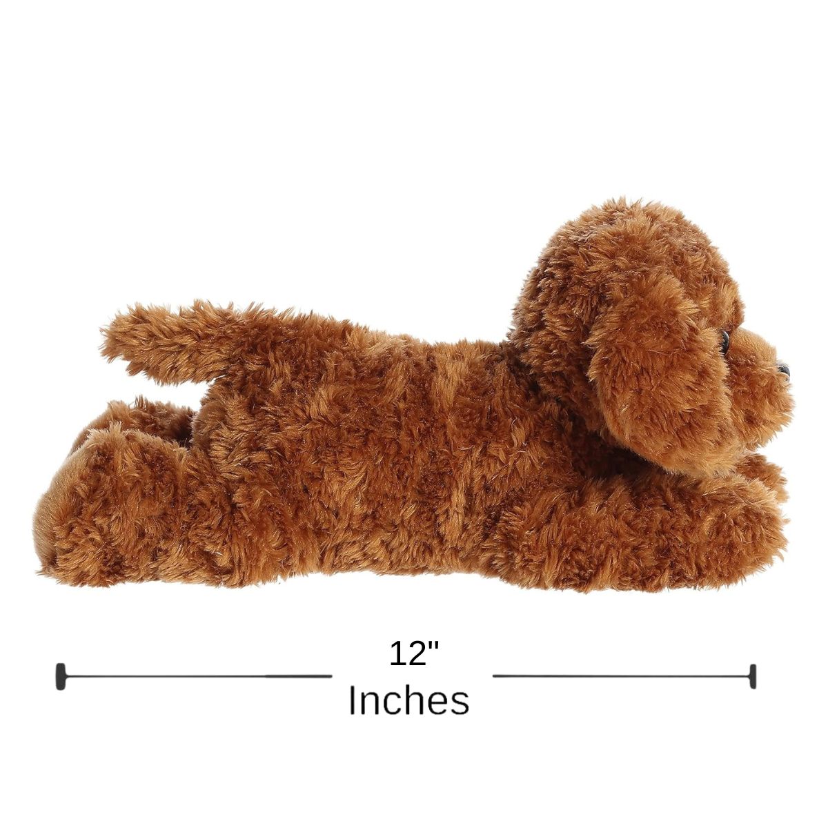 Dimension graphic showing the Aurora Flopsie Tucker Golden Brown Dog lying down with a measurement line indicating it is 12 inches long.