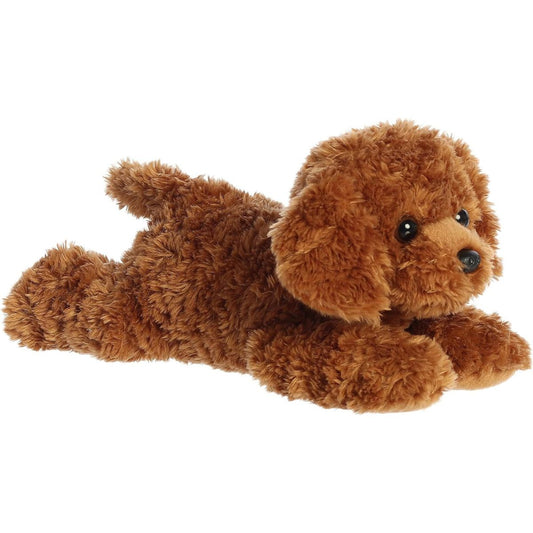 Angled side profile view of the 12-inch Aurora Flopsie Tucker Golden Brown Dog curly plush resting on its belly.