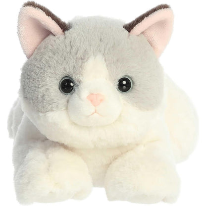 Direct front view of the soft grey and white plush cat lying down, highlighting its pink nose and dark eyes.