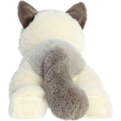 Back view of the cuddly Flopsie Ragdoll Cat stuffed animal showing its grey back, long tail, and white hind paws