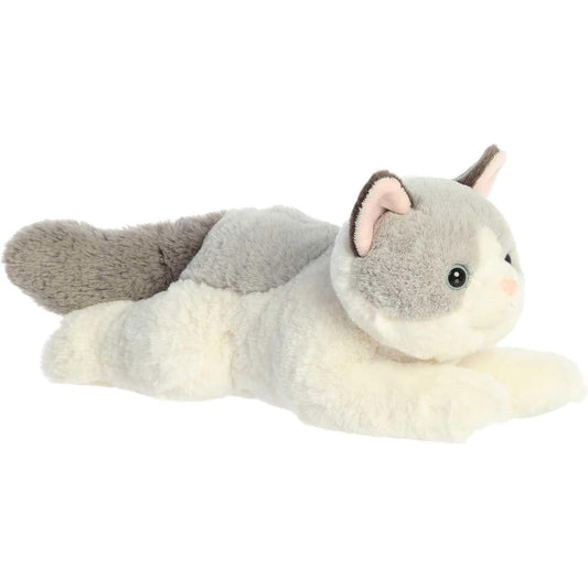 Angled side profile view of the 12-inch Aurora Flopsie Nico Ragdoll Cat grey and white plush resting on its belly.