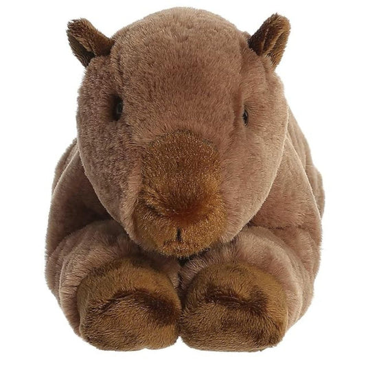 Straight front view of the brown capybara plush toy highlighting its dark eyes, small ears, and dark brown front paws.