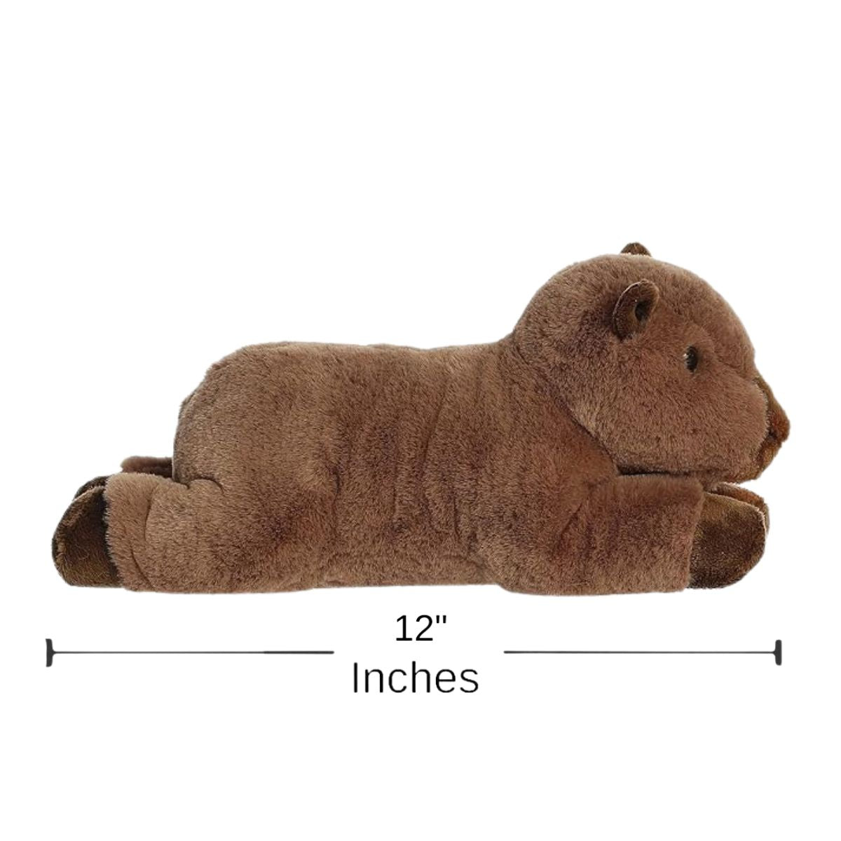 Side profile view of the Aurora Flopsie capybara plush with a dimension line indicating its 12-inch length.