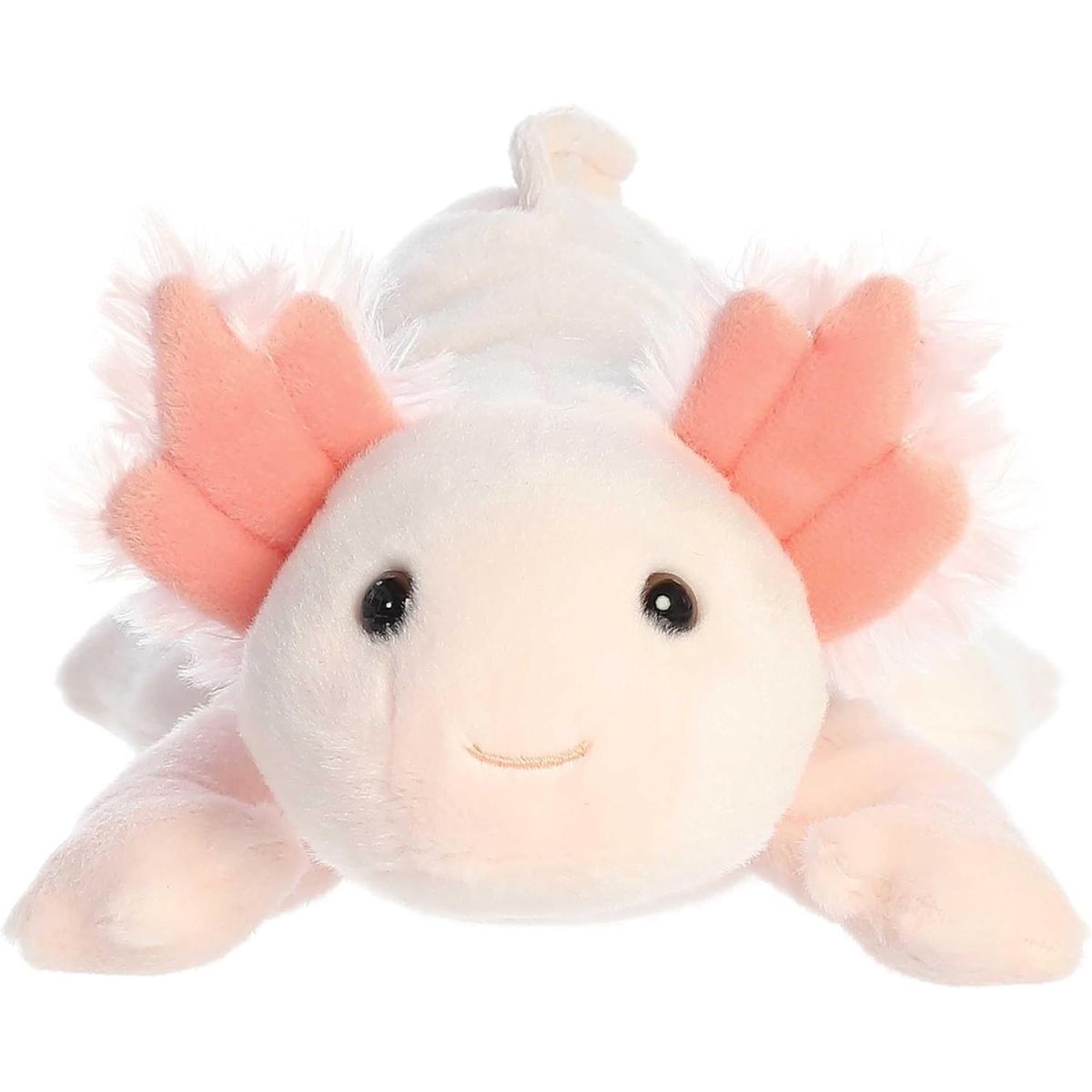 Straight-on front view of the pink Axolotl stuffed animal highlighting its sweet face, dark eyes, and feathery pink gills.