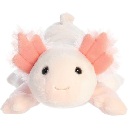 Straight-on front view of the pink Axolotl stuffed animal highlighting its sweet face, dark eyes, and feathery pink gills.