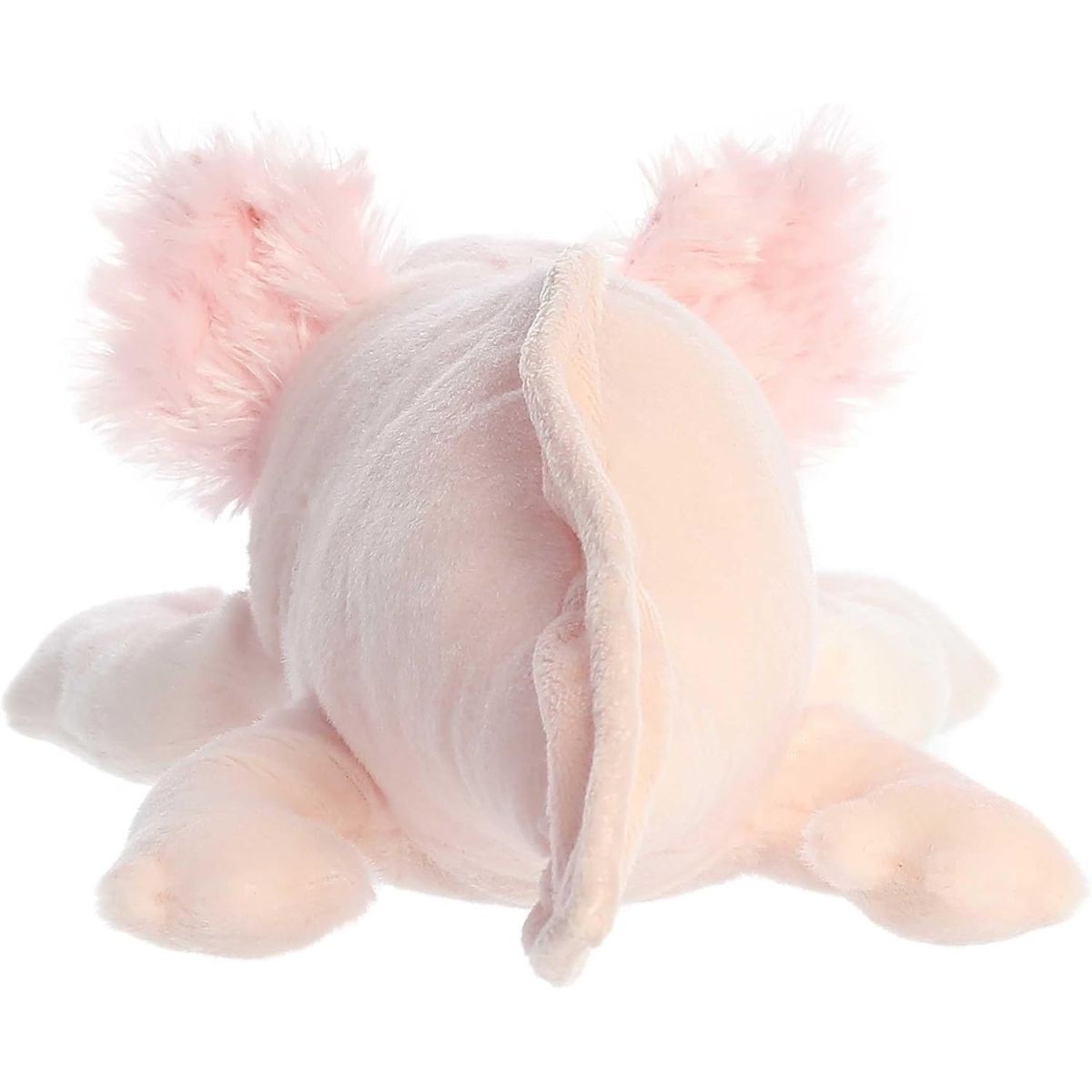 Rear view of the Axolotl plush showing its long pink tail and soft dorsal fin detail.