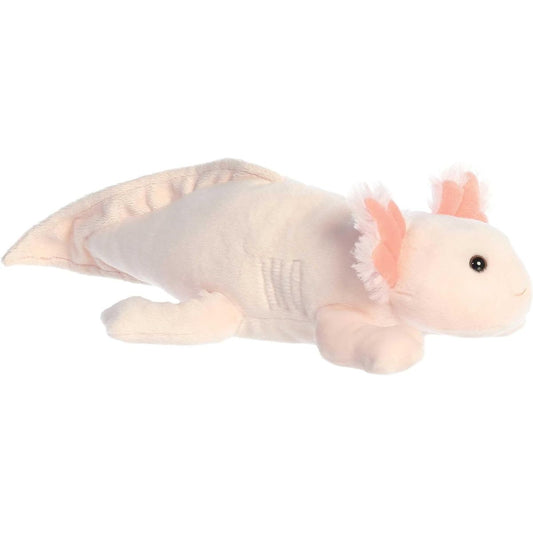 Side view of the Aurora Flopsie Axolotl 12-inch plush resting on its belly, featuring soft pale pink fur and coral-colored gills.