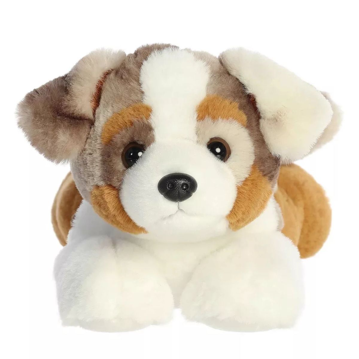 Close-up front view of the Aurora Arlo Australian Shepherd plush puppy showing its sweet face, floppy ears, and white front paws.