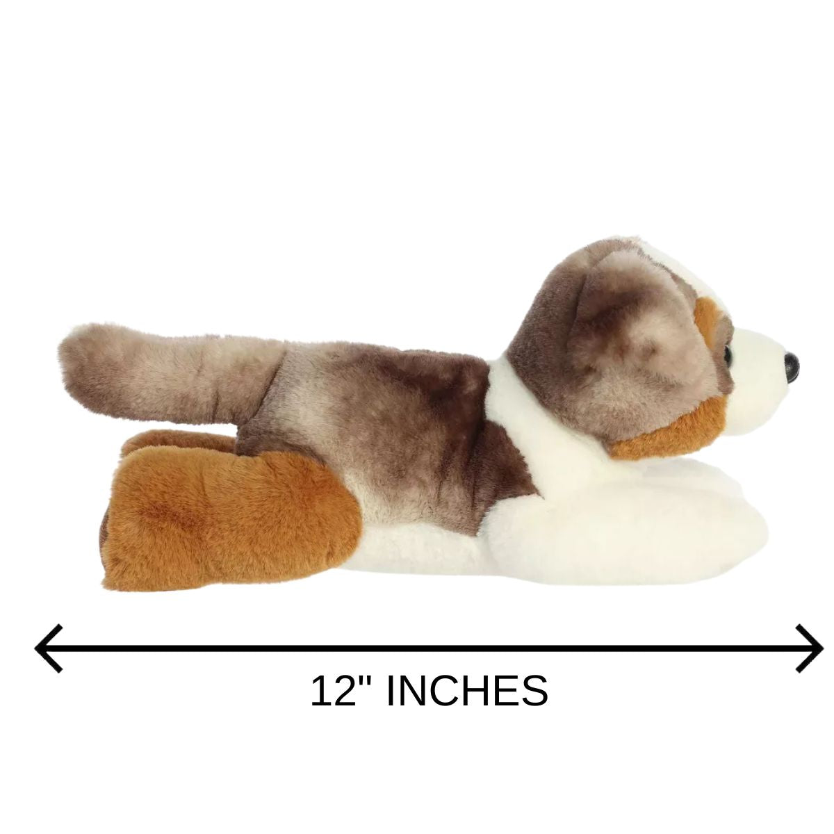 Side profile of the Aurora Arlo puppy plush displaying a 12-inch length indicator graphic underneath.