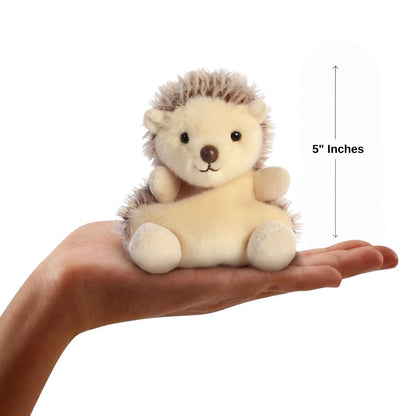 The miniature Hedgie Hedgehog plush sitting balanced in an open human hand under a 5-inch height graphic indicator.
