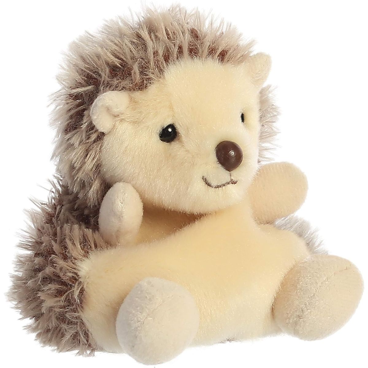 Aurora 5-inch Palm Pals Hedgie Hedgehog plush toy sitting at an angle showing its smooth cream face, fluffy brown frosted faux fur back, and dark brown nose.