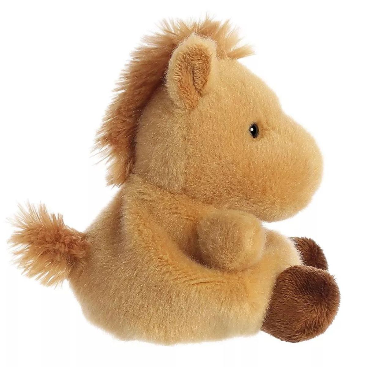 Side profile thumbnail of the mini horse plush showcasing the texture of its fuzzy mane, curved back, and soft sitting posture.