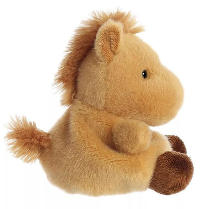 Side profile thumbnail of the mini horse plush showcasing the texture of its fuzzy mane, curved back, and soft sitting posture.