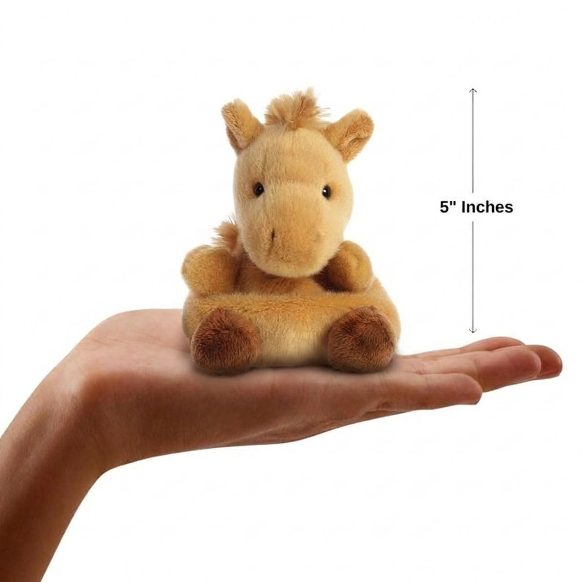 The miniature Gallop Pony plush sitting balanced in an open human hand under a 5-inch height graphic indicator.