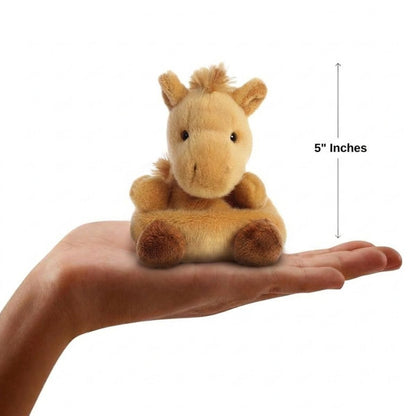 The miniature Gallop Pony plush sitting balanced in an open human hand under a 5-inch height graphic indicator.