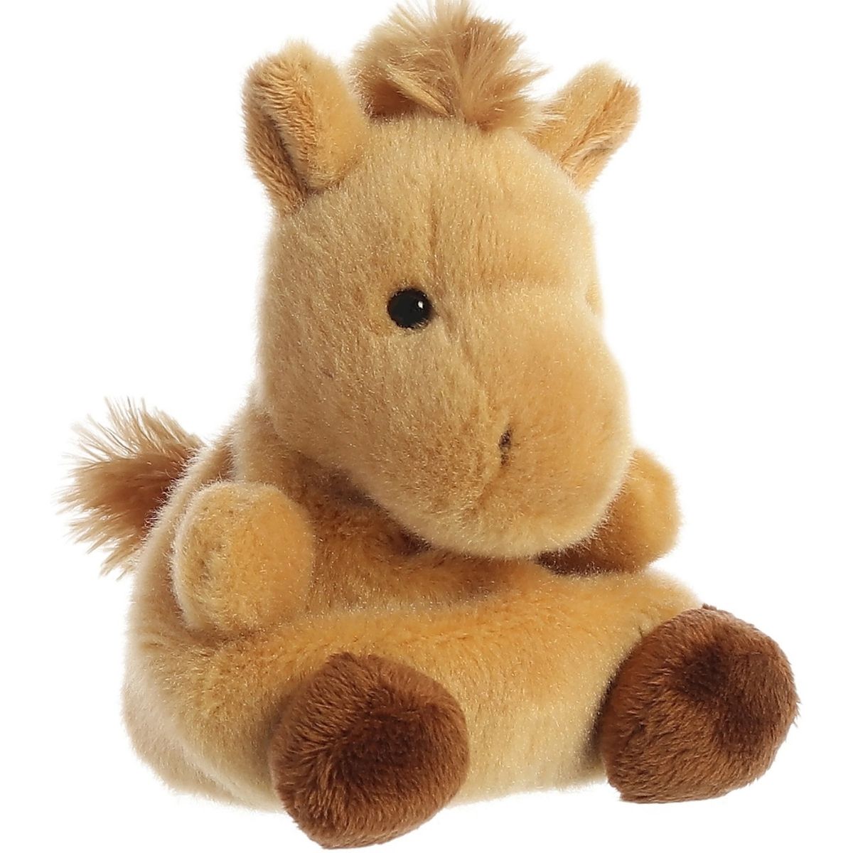 Aurora 5-inch Palm Pals Gallop Pony plush toy sitting at an angle showing its light tan body, fluffy brown mane, and dark brown hooves.