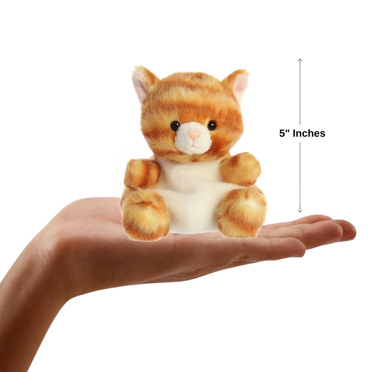 Sizing graphic for the Aurora Palm Pals Meow Orange Kitty plush showing it sitting perfectly in the palm of a hand, indicating a total height of 5 inches.