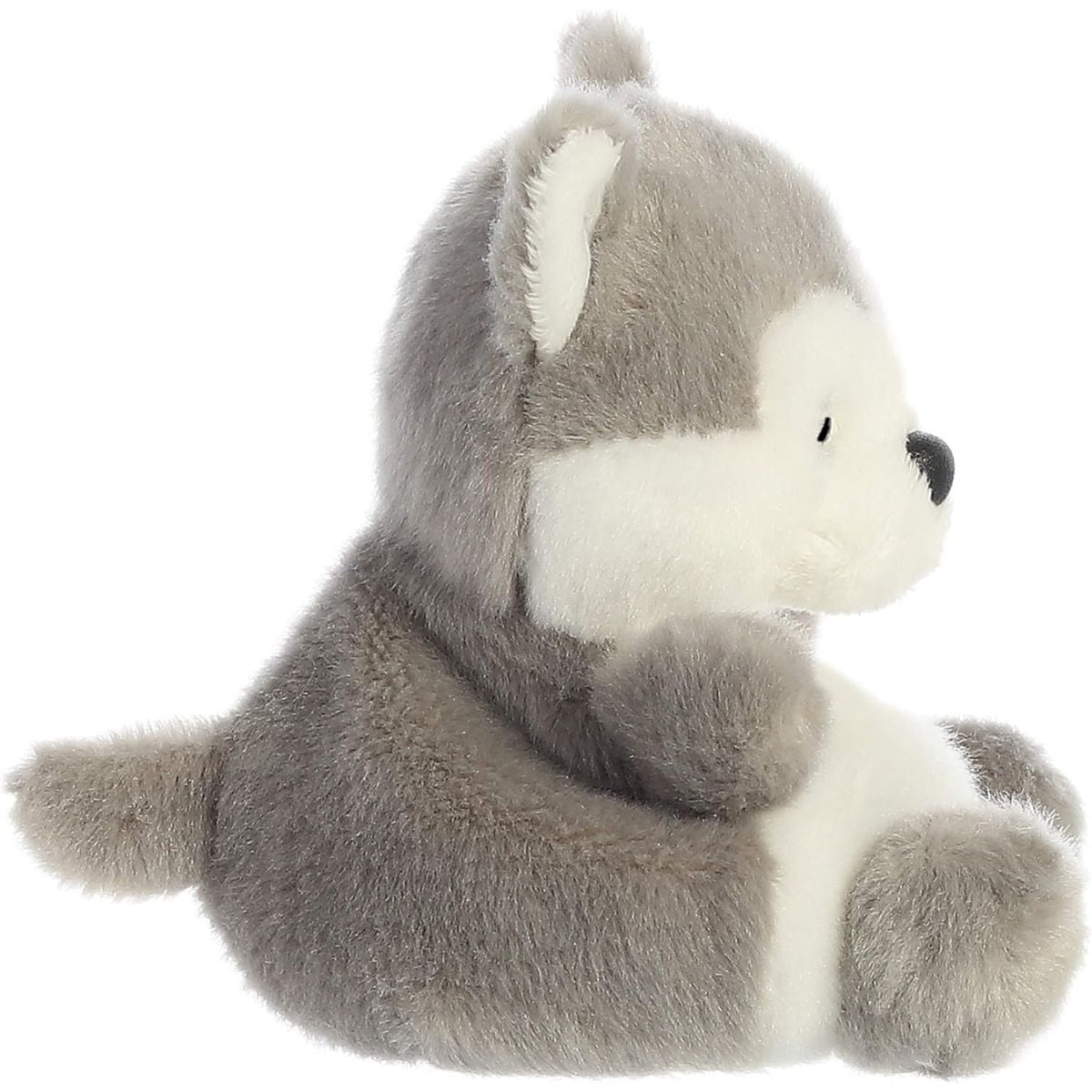 Side profile thumbnail of the gray and white husky dog plush showing its sitting posture.