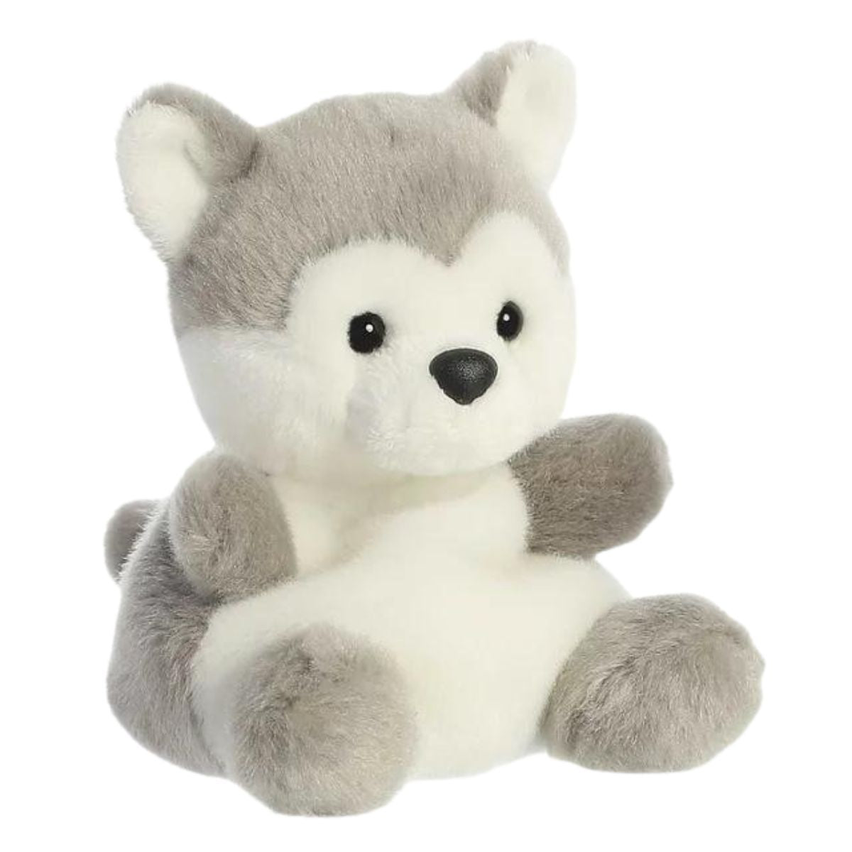 Aurora 5-inch Palm Pals Busky Husky plush toy sitting forward showing its soft gray and white fur coat.