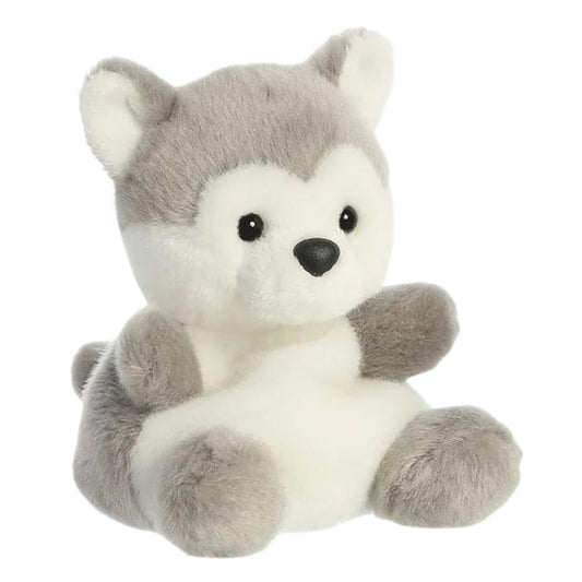 Aurora 5-inch Palm Pals Busky Husky plush toy sitting forward showing its soft gray and white fur coat.