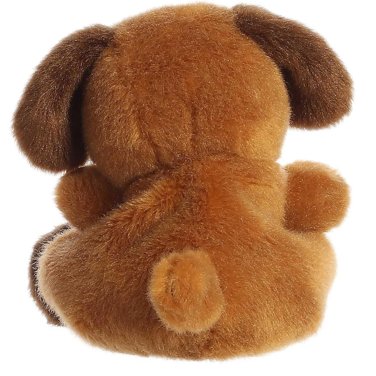 Back view of the Aurora puppy plush showcasing his soft brown back, dark ears, and little nubby tail.