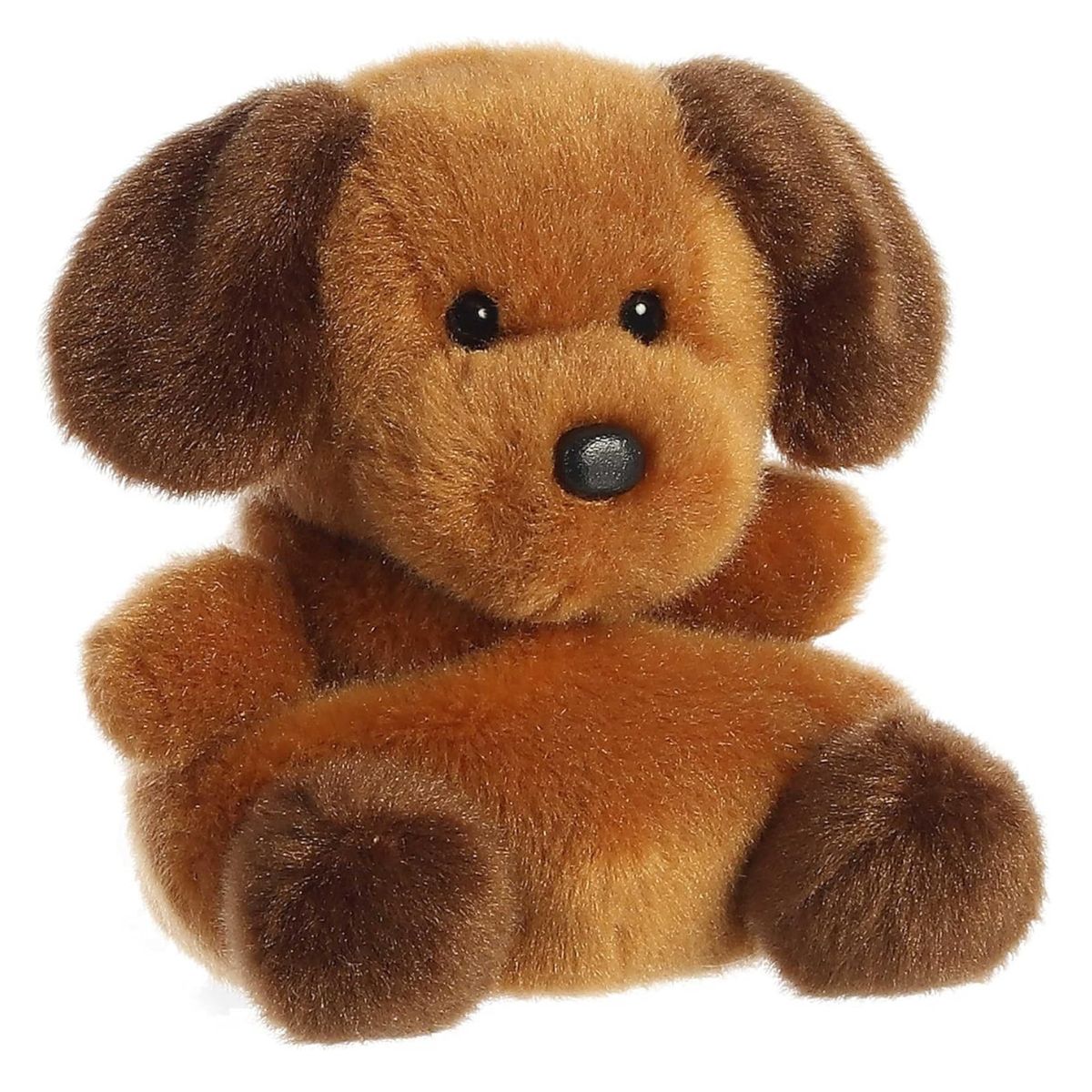 Angled front view of the 5-inch Aurora Palm Pals Ruff Ruff Puppy plush featuring warm brown fur, dark brown floppy ears, and a black nose.