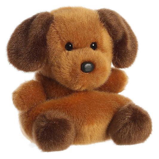 Angled front view of the 5-inch Aurora Palm Pals Ruff Ruff Puppy plush featuring warm brown fur, dark brown floppy ears, and a black nose.