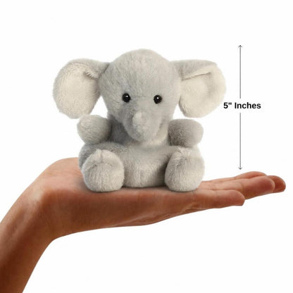 The miniature Stomps Elephant plush sitting balanced in an open human hand under a 5-inch height graphic indicator.