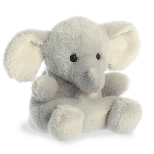 Aurora 5-inch Palm Pals Stomps Elephant plush toy sitting at an angle showing its light gray fur, oversized floppy ears, and a small curved trunk.
