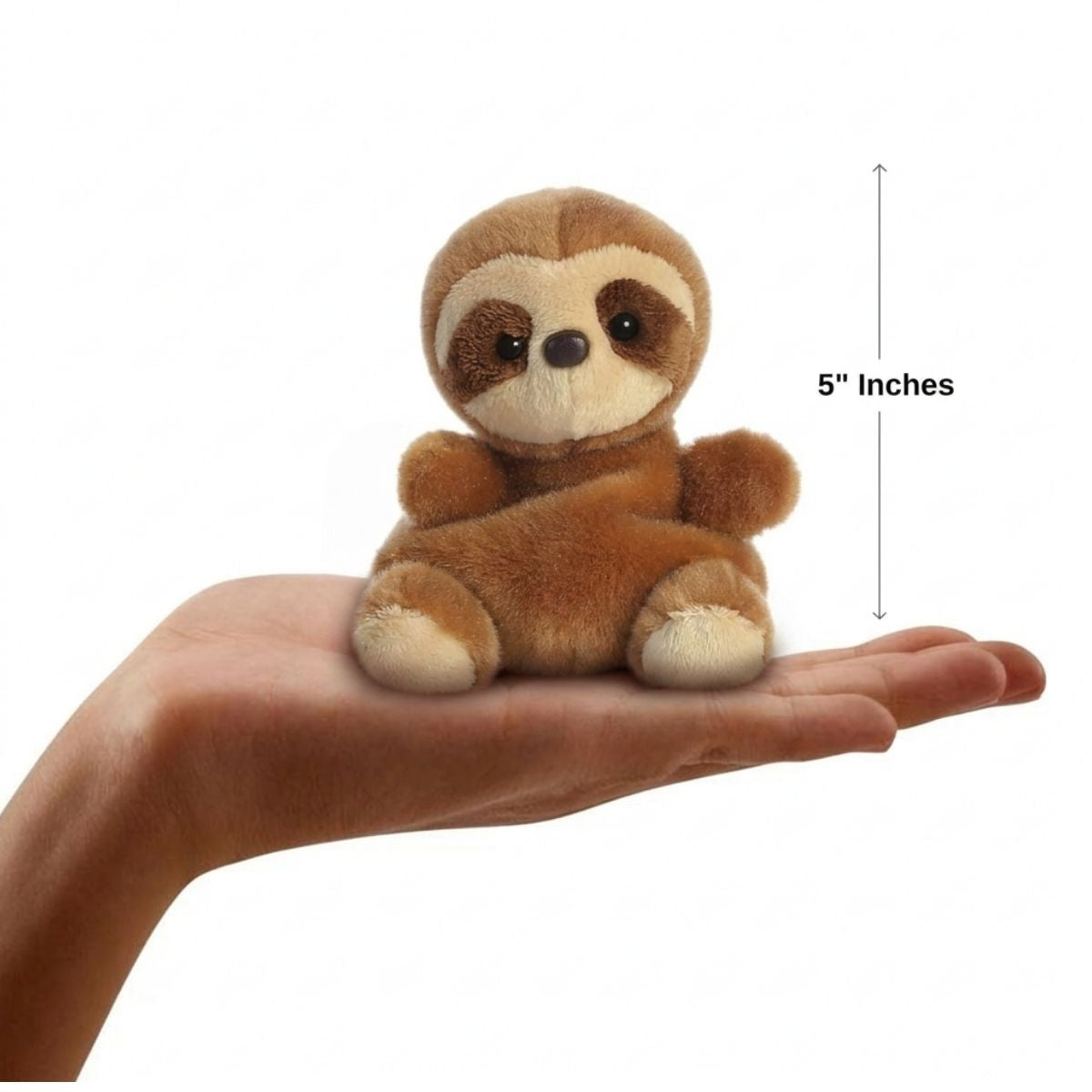 The miniature Slomo Sloth plush sitting balanced in an open human hand under a 5-inch height graphic indicator.