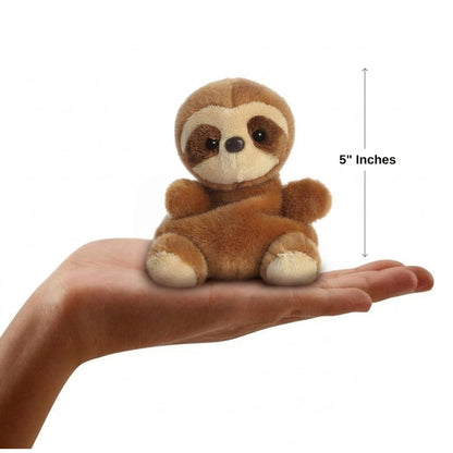 The miniature Slomo Sloth plush sitting balanced in an open human hand under a 5-inch height graphic indicator.