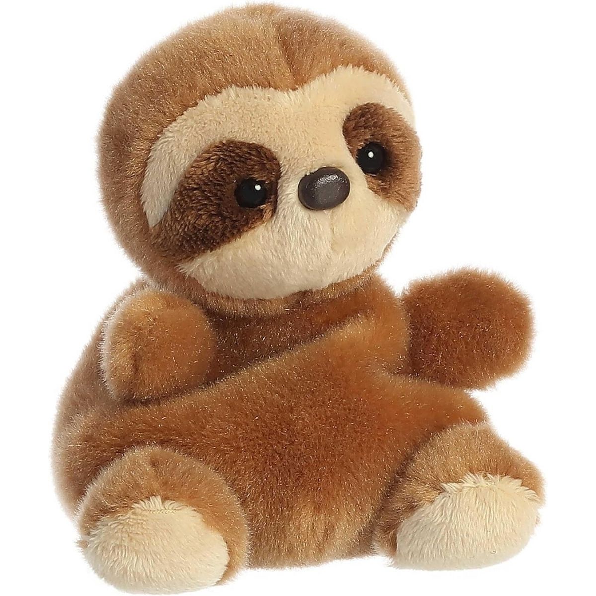 Aurora 5-inch Palm Pals Slomo Sloth plush toy sitting at an angle showing its warm brown fur, cream face patch, dark brown eye rings, and soft seated posture.