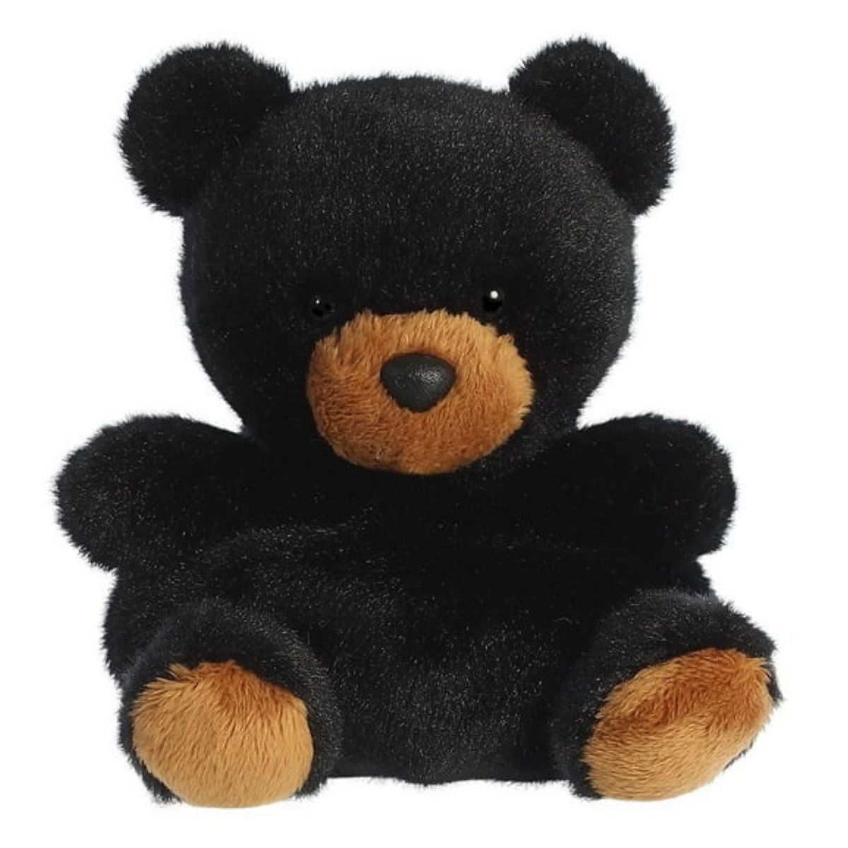 Straight-on front view of the soft black Palm Pals bear plush sitting upright, showing its brown snout and paws.