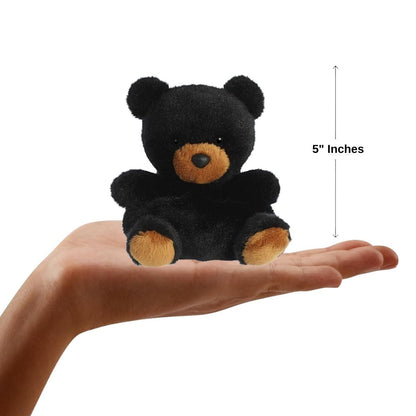 Dimension graphic showing the 5-inch Aurora Palm Pals Sleepy Black Bear resting comfortably in a person's hand.