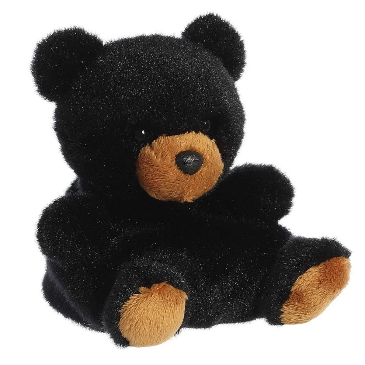 Angled front view of the 5-inch Aurora Palm Pals Sleepy Black Bear stuffed animal facing slightly to the left.