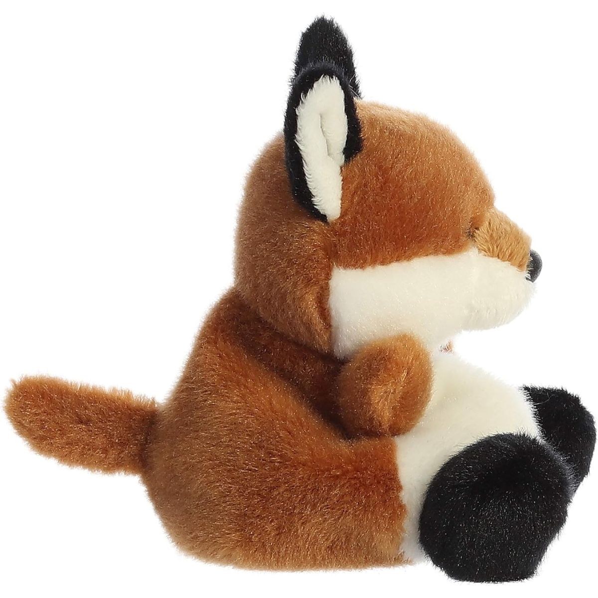 Side profile view of the Sly Fox stuffed animal highlighting his plump shape, white belly, and bushy little tail.
