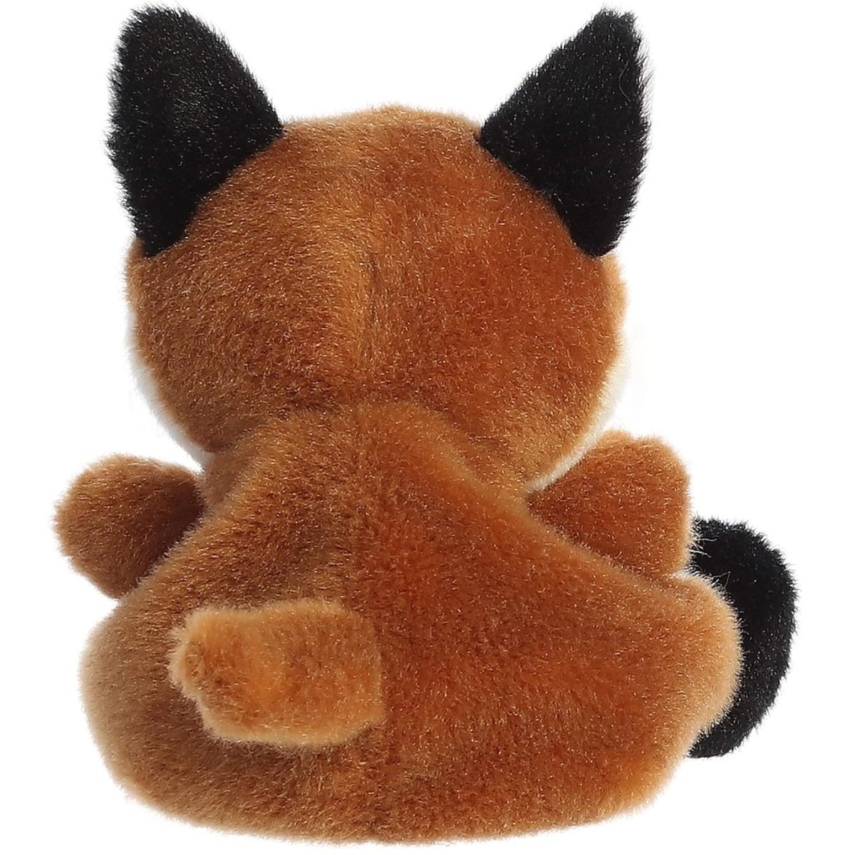 Back view of the Aurora fox plush showcasing his soft reddish-brown back, black-tipped ears, and tail.