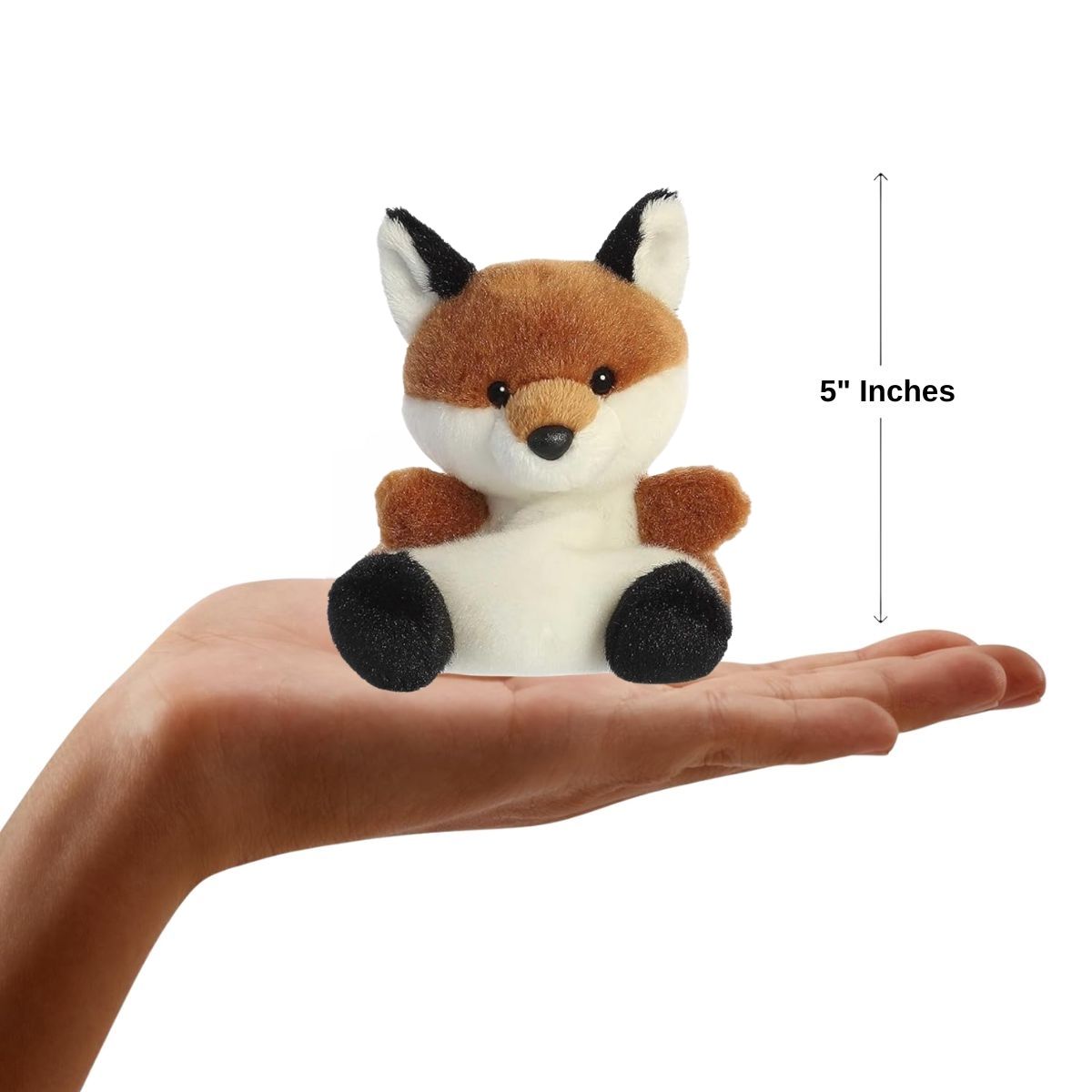 Sizing graphic showing the 5-inch Palm Pals Sly Fox sitting perfectly in the palm of a person's hand to demonstrate its miniature scale.
