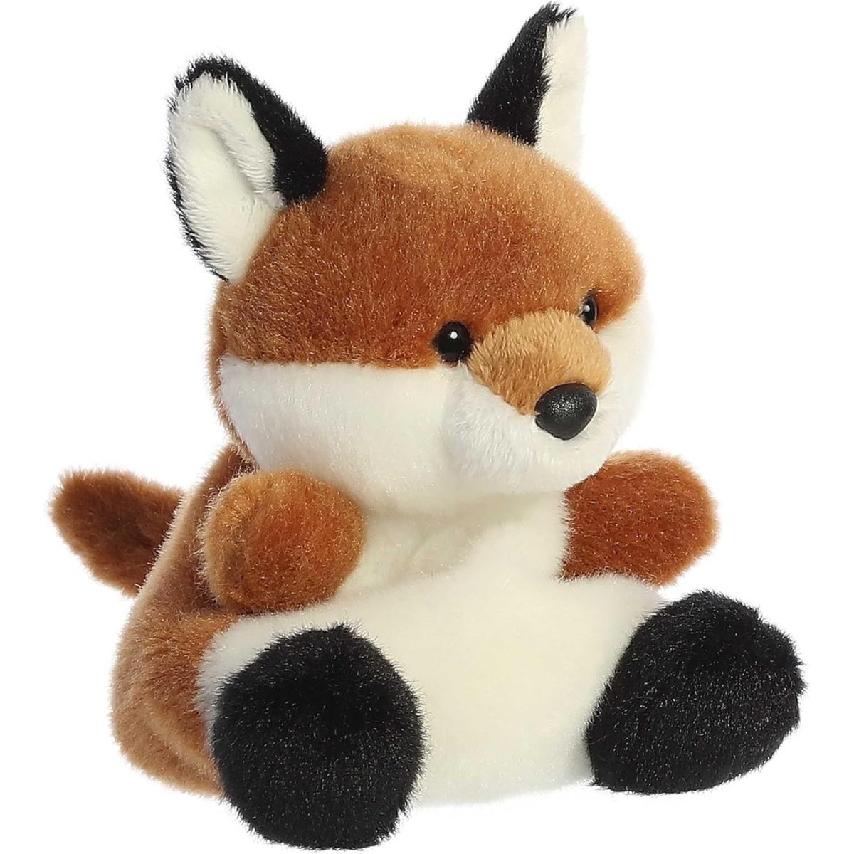 Angled front view of the 5-inch Aurora Palm Pals Sly Fox plush featuring reddish-brown fur, a white belly, and black-tipped ears.